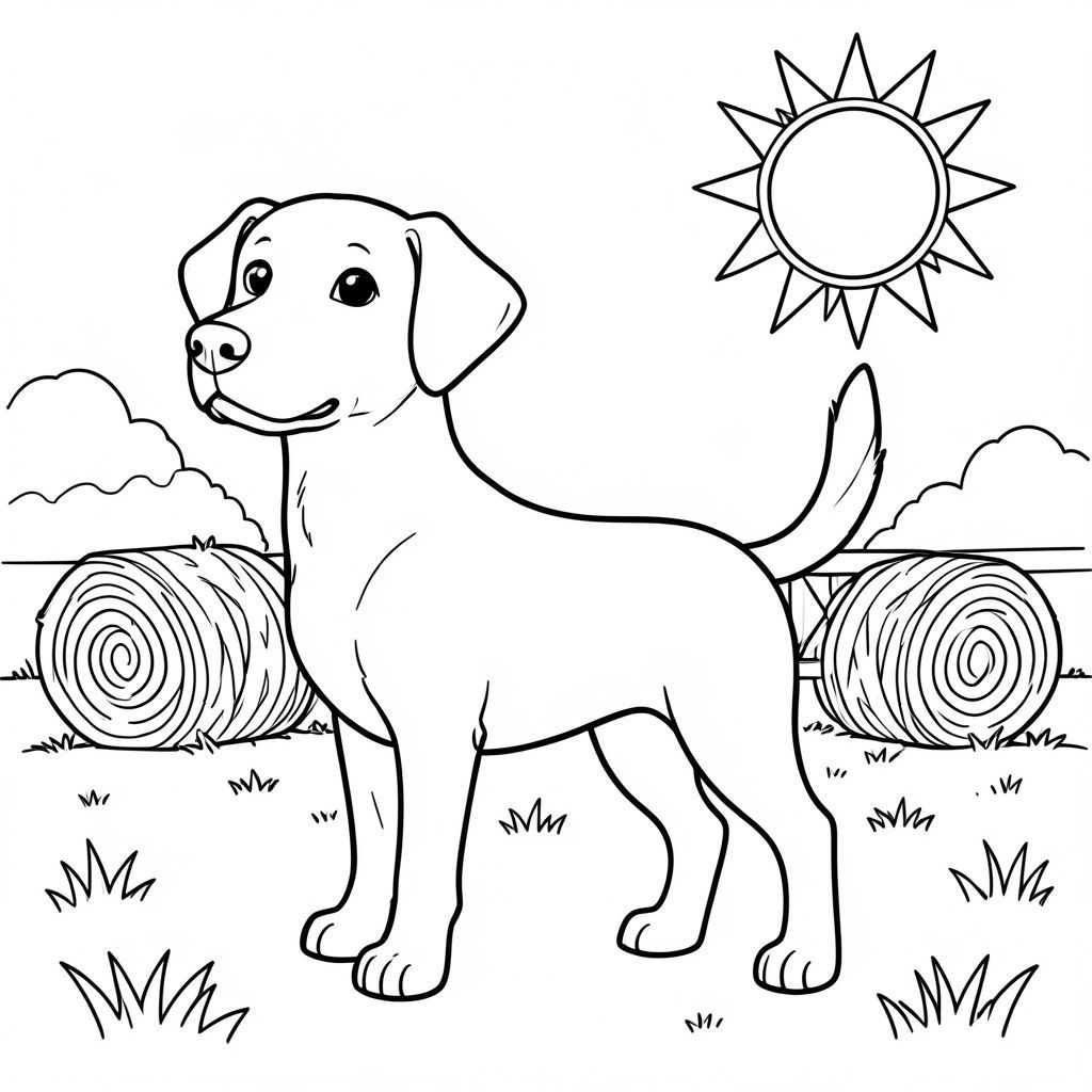 solo, single subject, one head, two eyes, two ears, four legs, one tail, natural proportions, proper scale in environment, anatomically correct, dog, sun, outdoor, stable, hay bales, paddock, simple, clean, background, grass, clear, coloring page, line art, white background, solo, single subject, anatomically correct, perfect anatomy