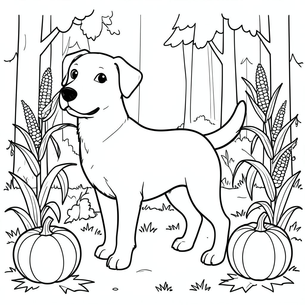 solo, single subject, one head, two eyes, two ears, four legs, one tail, natural proportions, proper scale in environment, anatomically correct, dog, pumpkins, corn stalks, autumn, harvest, table, outdoors, simple, clean, background, forest, coloring page, line art, white background, solo, single subject, anatomically correct, perfect anatomy