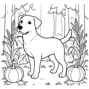 solo, single subject, one head, two eyes, two ears, four legs, one tail, natural proportions, proper scale in environment, anatomically correct, dog, pumpkins, corn stalks, autumn, harvest, table, outdoors, simple, clean, background, forest, coloring page, line art, white background, solo, single subject, anatomically correct, perfect anatomy