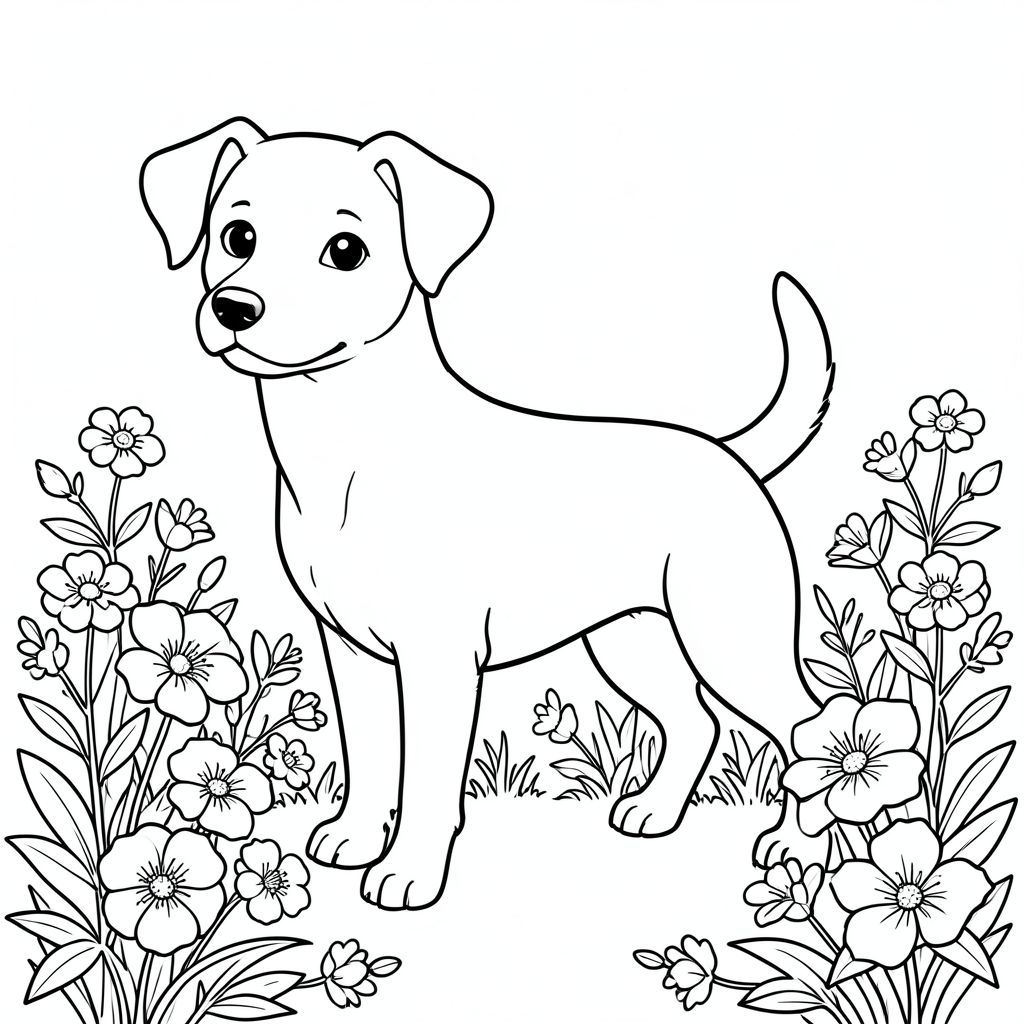 solo, single subject, one head, two eyes, two ears, four legs, one tail, natural proportions, proper scale in environment, anatomically correct, dog, Moonflowers, Dusk, White blooms, Garden, Flowers, Soft, background, Simple, Clean, Peaceful, coloring page, line art, white background, solo, single subject, anatomically correct, perfect anatomy