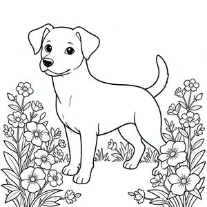 solo, single subject, one head, two eyes, two ears, four legs, one tail, natural proportions, proper scale in environment, anatomically correct, dog, Moonflowers, Dusk, White blooms, Garden, Flowers, Soft, background, Simple, Clean, Peaceful, coloring page, line art, white background, solo, single subject, anatomically correct, perfect anatomy