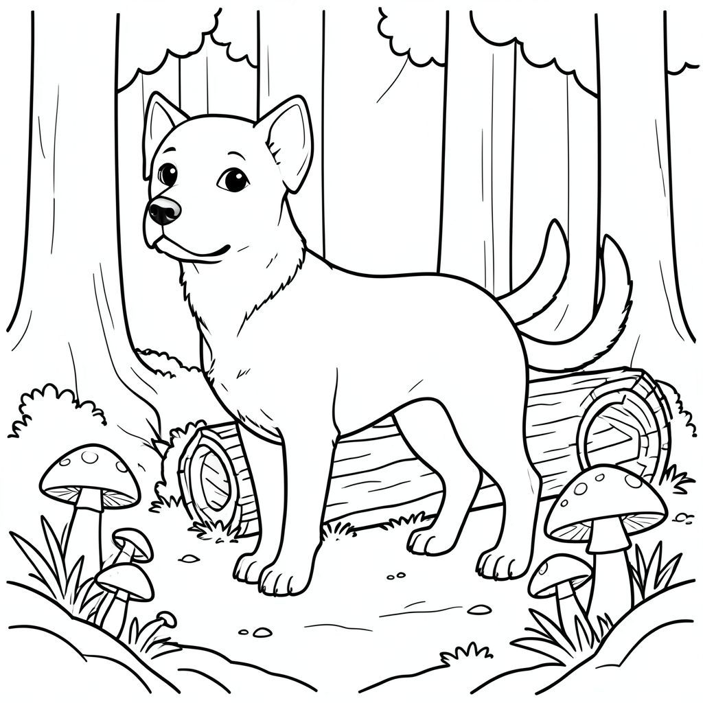 solo, single subject, one head, two eyes, two ears, four legs, one tail, natural proportions, proper scale in environment, anatomically correct, dog, Forest, hollow log, mushrooms, bark, forest floor, sunlight, simple, background, clean, rustic, coloring page, line art, white background, solo, single subject, anatomically correct, perfect anatomy