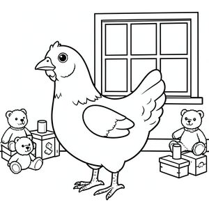 solo, single bird, one head, two eyes, one beak, two wings, two legs, one tail, natural proportions, proper scale in environment, anatomically correct, Chicken, window, wooden toys, stuffed animals, simple, clean, background, retro, pixel art, storybook, pure, coloring page, line art, white background, solo, single subject, anatomically correct, perfect anatomy