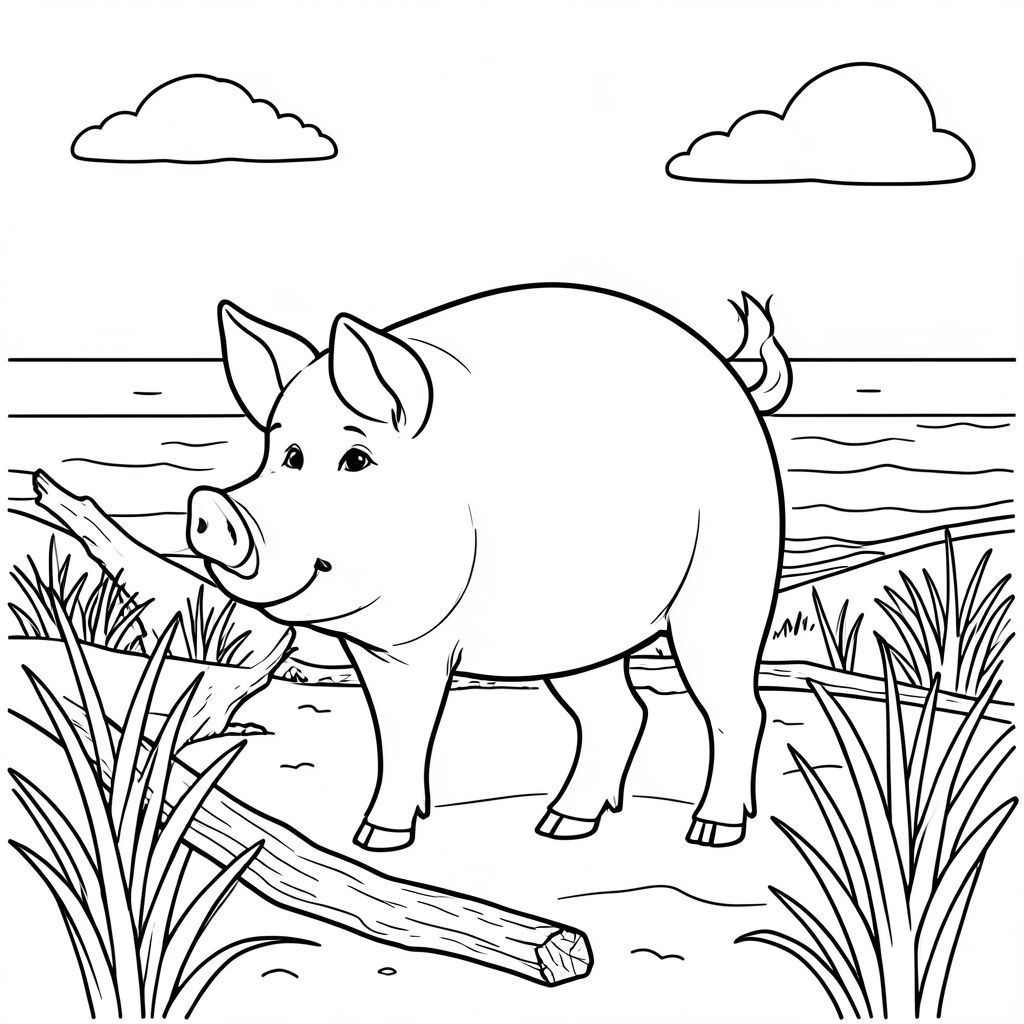 solo, single subject, one head, two eyes, two ears, four legs, one tail, natural proportions, proper scale in environment, anatomically correct, Pig, driftwood, beach grass, dunes, sand, shoreline, ocean, sky, sunlight, clear, simple, coloring page, line art, white background, solo, single subject, anatomically correct, perfect anatomy