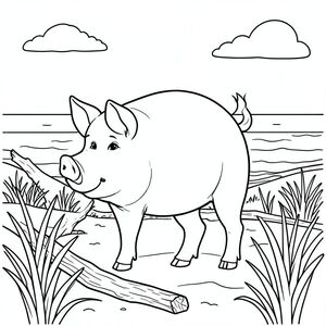 solo, single subject, one head, two eyes, two ears, four legs, one tail, natural proportions, proper scale in environment, anatomically correct, Pig, driftwood, beach grass, dunes, sand, shoreline, ocean, sky, sunlight, clear, simple, coloring page, line art, white background, solo, single subject, anatomically correct, perfect anatomy