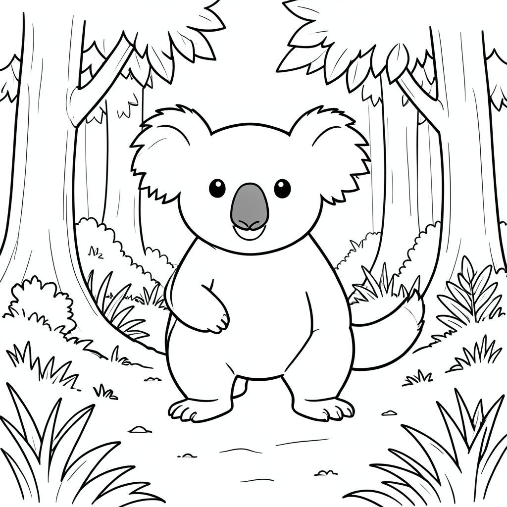 solo, single subject, one head, two eyes, two ears, four legs, one tail, natural proportions, proper scale in environment, anatomically correct, Koala, forest, clearing, trees, sunlight, leaves, grass, path, dirt, simple, background, coloring page, line art, white background, solo, single subject, anatomically correct, perfect anatomy