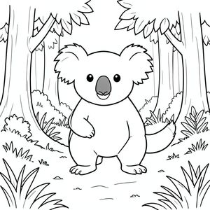 solo, single subject, one head, two eyes, two ears, four legs, one tail, natural proportions, proper scale in environment, anatomically correct, Koala, forest, clearing, trees, sunlight, leaves, grass, path, dirt, simple, background, coloring page, line art, white background, solo, single subject, anatomically correct, perfect anatomy