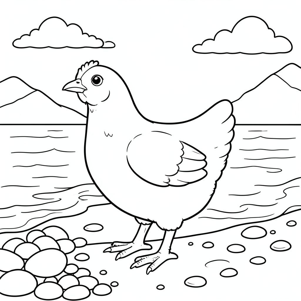 solo, single bird, one head, two eyes, one beak, two wings, two legs, one tail, natural proportions, proper scale in environment, anatomically correct, Chicken, Pebbles, smooth stones, gentle surf, sand, shoreline, clear water, sunlight, sky, clouds, distant mountains, coloring page, line art, white background, solo, single subject, anatomically correct, perfect anatomy