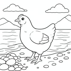 solo, single bird, one head, two eyes, one beak, two wings, two legs, one tail, natural proportions, proper scale in environment, anatomically correct, Chicken, Pebbles, smooth stones, gentle surf, sand, shoreline, clear water, sunlight, sky, clouds, distant mountains, coloring page, line art, white background, solo, single subject, anatomically correct, perfect anatomy