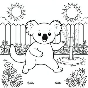 solo, single subject, one head, two eyes, two ears, four legs, one tail, natural proportions, proper scale in environment, anatomically correct, Koala, sun, backyard, summer, day, sprinkler, running, clean, grass, flowers, shade, coloring page, line art, white background, solo, single subject, anatomically correct, perfect anatomy