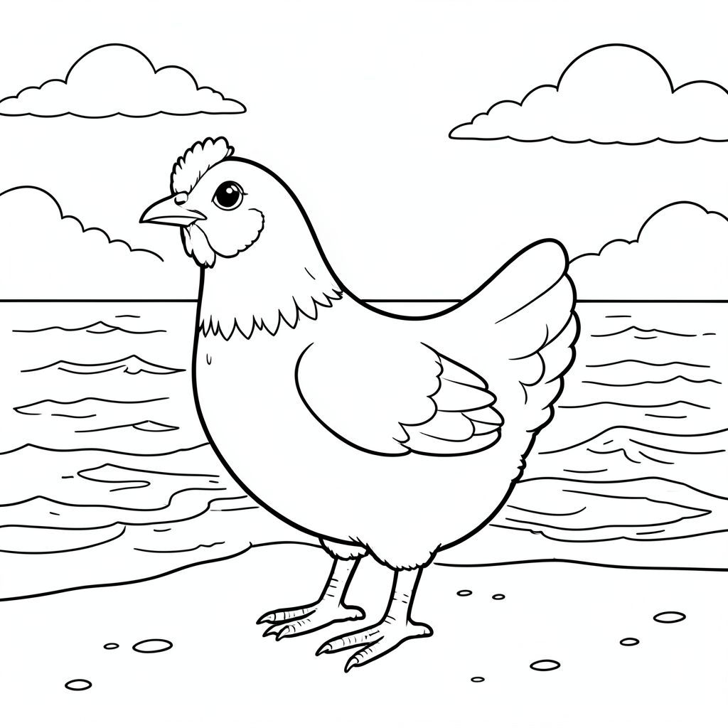 solo, single bird, one head, two eyes, one beak, two wings, two legs, one tail, natural proportions, proper scale in environment, anatomically correct, Chicken, Sunset, beach, ocean, waves, sand, wet, clear, sky, clouds, warm, coloring page, line art, white background, solo, single subject, anatomically correct, perfect anatomy
