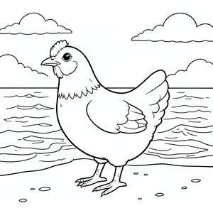 solo, single bird, one head, two eyes, one beak, two wings, two legs, one tail, natural proportions, proper scale in environment, anatomically correct, Chicken, Sunset, beach, ocean, waves, sand, wet, clear, sky, clouds, warm, coloring page, line art, white background, solo, single subject, anatomically correct, perfect anatomy