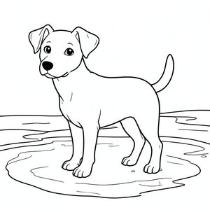 solo, single subject, one head, two eyes, two ears, four legs, one tail, natural proportions, proper scale in environment, anatomically correct, dog, Beach, wide, flat, low tide, wet sand, ripples, clean, simple, environment, shoreline, coloring page, line art, white background, solo, single subject, anatomically correct, perfect anatomy