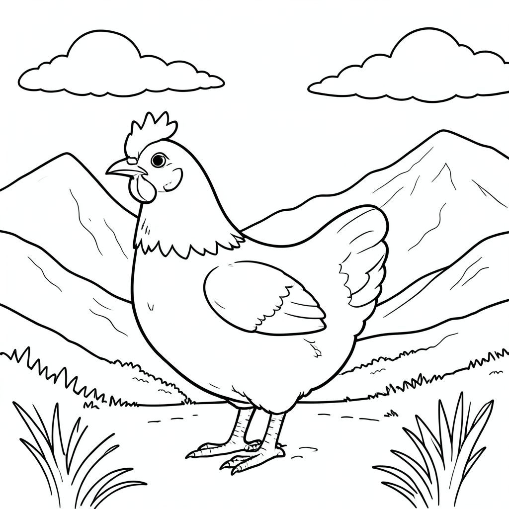 solo, single bird, one head, two eyes, one beak, two wings, two legs, one tail, natural proportions, proper scale in environment, anatomically correct, Chicken, Heather, moor, mountains, misty peak, clouds, sky, sunlight, simple, clean, background, coloring page, line art, white background, solo, single subject, anatomically correct, perfect anatomy