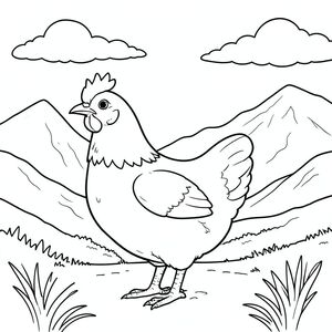 solo, single bird, one head, two eyes, one beak, two wings, two legs, one tail, natural proportions, proper scale in environment, anatomically correct, Chicken, Heather, moor, mountains, misty peak, clouds, sky, sunlight, simple, clean, background, coloring page, line art, white background, solo, single subject, anatomically correct, perfect anatomy