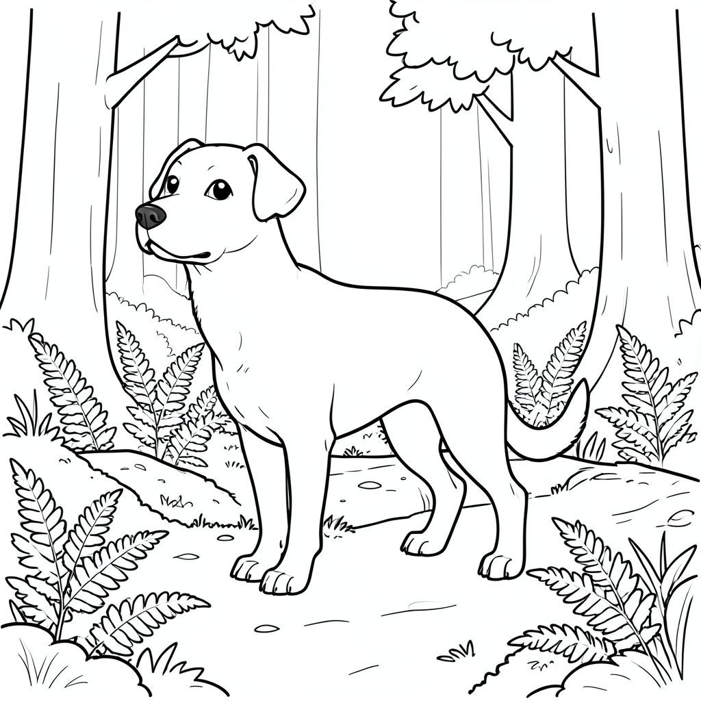 solo, single subject, one head, two eyes, two ears, four legs, one tail, natural proportions, proper scale in environment, anatomically correct, dog, forest path, mossy log, ferns, sunlight, trees, simple, clean, background, linear, manga, coloring page, line art, white background, solo, single subject, anatomically correct, perfect anatomy