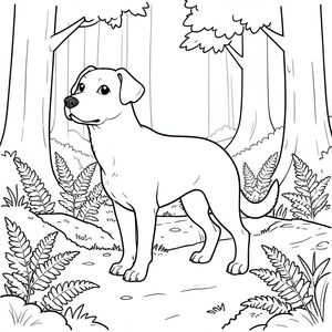 solo, single subject, one head, two eyes, two ears, four legs, one tail, natural proportions, proper scale in environment, anatomically correct, dog, forest path, mossy log, ferns, sunlight, trees, simple, clean, background, linear, manga, coloring page, line art, white background, solo, single subject, anatomically correct, perfect anatomy