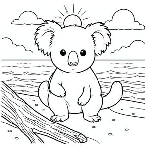 solo, single subject, one head, two eyes, two ears, four legs, one tail, natural proportions, proper scale in environment, anatomically correct, Koala, beach, driftwood, sand, shoreline, sun, sky, clouds, ocean, waves, shoreline, coloring page, line art, white background, solo, single subject, anatomically correct, perfect anatomy