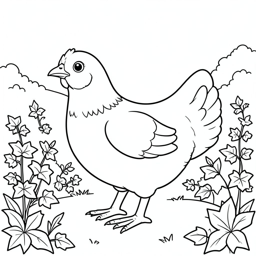 solo, một con chim, một đầu, hai mắt, một mỏ, hai cánh, hai chân, một đuôi, tỷ lệ tự nhiên, quy mô thích hợp trong môi trường, đúng giải phẫu, gà, Đá giếng, vườn, cây thường xuân, Quốc gia, nhỏ, đơn giản, dọn dẹp, lý lịch, phong cảnh, Tán lá, trang tô màu, nghệ thuật đường, nền trắng, Solo, chủ đề đơn, chính xác về mặt giải phẫu, giải phẫu hoàn hảo