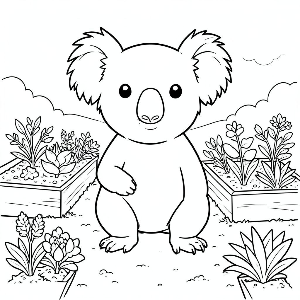 solo, chủ đề đơn, một đầu, hai mắt, hai tai, bốn chân, một đuôi, tỷ lệ tự nhiên, quy mô thích hợp trong môi trường, đúng giải phẫu, Koala, vườn, giường nâng, rau, đất, ánh sáng mặt trời, đơn giản, lý lịch, dọn dẹp, hòa bình, yên tĩnh, trang màu, nghệ thuật đường, nền trắng, solo, chủ đề đơn, đúng về mặt giải phẫu, giải phẫu hoàn hảo