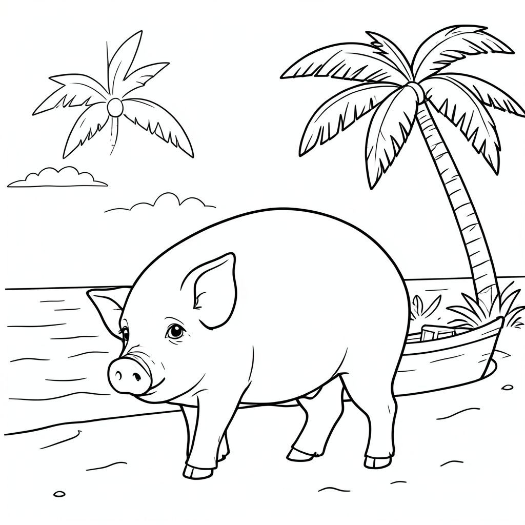 solo, chủ đề đơn, một đầu, hai mắt, hai tai, bốn chân, một đuôi, tỷ lệ tự nhiên, quy mô thích hợp trong môi trường, đúng giải phẫu, Con lợn, bãi biển, cọ dừa, thuyền nhỏ, cát, nước, bầu trời, ánh sáng mặt trời, rõ ràng, điềm tĩnh, nhẹ nhàng, trang màu, nghệ thuật đường, nền trắng, solo, chủ đề đơn, đúng giải phẫu, giải phẫu hoàn hảo