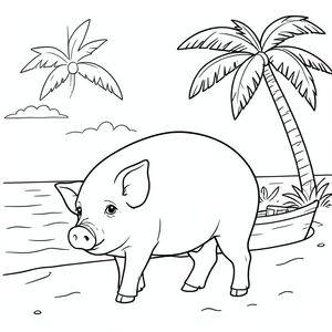 solo, chủ đề đơn, một đầu, hai mắt, hai tai, bốn chân, một đuôi, tỷ lệ tự nhiên, quy mô thích hợp trong môi trường, đúng giải phẫu, Con lợn, bãi biển, cọ dừa, thuyền nhỏ, cát, nước, bầu trời, ánh sáng mặt trời, rõ ràng, điềm tĩnh, nhẹ nhàng, trang màu, nghệ thuật đường, nền trắng, solo, chủ đề đơn, đúng giải phẫu, giải phẫu hoàn hảo