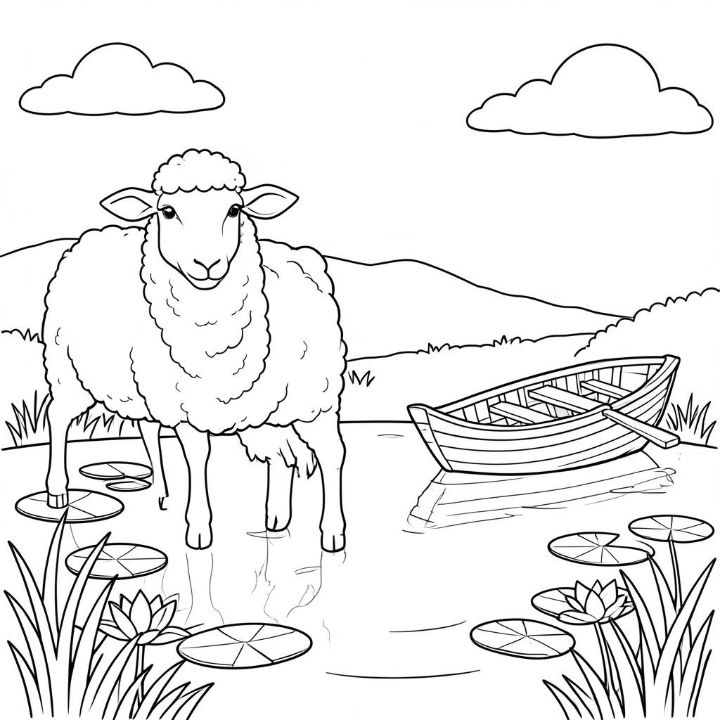 solo, chủ đề đơn, một đầu, hai mắt, hai tai, bốn chân, một đuôi, tỷ lệ tự nhiên, quy mô thích hợp trong môi trường, đúng về mặt giải phẫu, Cừu, ao, miếng đệm hoa loa kèn, thuyền chèo bằng gỗ, nước lặng, cỏ, ánh sáng mặt trời, bầu trời quang đãng, bầu trời, nền đơn giản, đường sạch, trang màu, nghệ thuật đường, nền trắng, solo, chủ đề đơn, chính xác về mặt giải phẫu, giải phẫu hoàn hảo