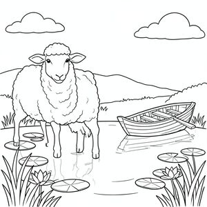 solo, chủ đề đơn, một đầu, hai mắt, hai tai, bốn chân, một đuôi, tỷ lệ tự nhiên, quy mô thích hợp trong môi trường, đúng về mặt giải phẫu, Cừu, ao, miếng đệm hoa loa kèn, thuyền chèo bằng gỗ, nước lặng, cỏ, ánh sáng mặt trời, bầu trời quang đãng, bầu trời, nền đơn giản, đường sạch, trang màu, nghệ thuật đường, nền trắng, solo, chủ đề đơn, chính xác về mặt giải phẫu, giải phẫu hoàn hảo