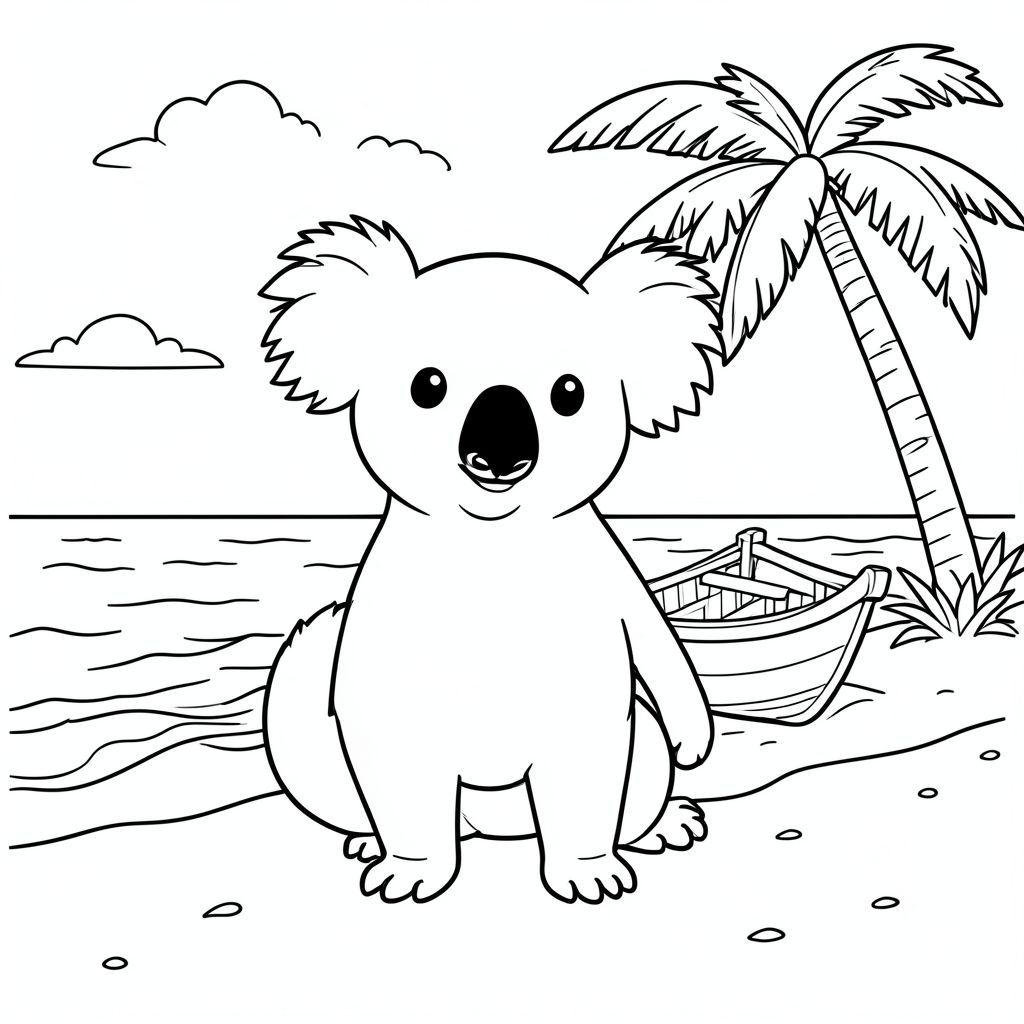 solo, single subject, one head, two eyes, two ears, four legs, one tail, natural proportions, proper scale in environment, anatomically correct, Koala, beach, coconut palms, small boat, sand, ocean, sky, sunlight, waves, clear water, shoreline, coloring page, line art, white background, solo, single subject, anatomically correct, perfect anatomy