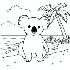 solo, single subject, one head, two eyes, two ears, four legs, one tail, natural proportions, proper scale in environment, anatomically correct, Koala, beach, coconut palms, small boat, sand, ocean, sky, sunlight, waves, clear water, shoreline, coloring page, line art, white background, solo, single subject, anatomically correct, perfect anatomy
