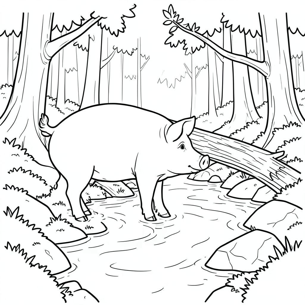 solo, single subject, one head, two eyes, two ears, four legs, one tail, natural proportions, proper scale in environment, anatomically correct, Pig, Stream, water, forest, fallen tree, bridge, rocks, moss, sunlight, clear, smooth, coloring page, line art, white background, solo, single subject, anatomically correct, perfect anatomy