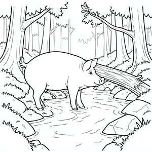 solo, single subject, one head, two eyes, two ears, four legs, one tail, natural proportions, proper scale in environment, anatomically correct, Pig, Stream, water, forest, fallen tree, bridge, rocks, moss, sunlight, clear, smooth, coloring page, line art, white background, solo, single subject, anatomically correct, perfect anatomy