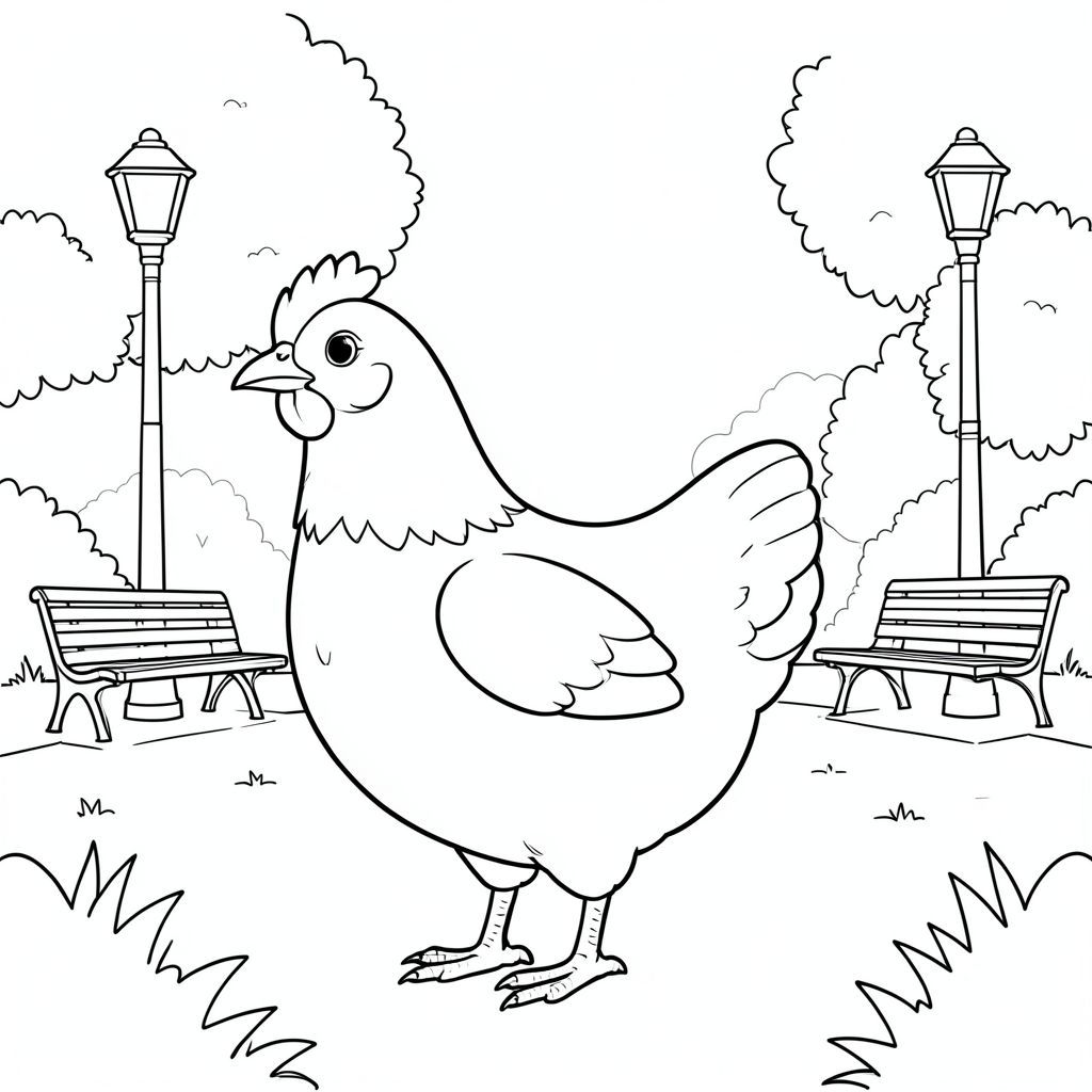 solo, single bird, one head, two eyes, one beak, two wings, two legs, one tail, natural proportions, proper scale in environment, anatomically correct, Chicken, fog, park, morning, quiet, benches, lamp posts, simple, clean, background, foliage, coloring page, line art, white background, solo, single subject, anatomically correct, perfect anatomy