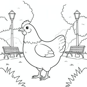 solo, single bird, one head, two eyes, one beak, two wings, two legs, one tail, natural proportions, proper scale in environment, anatomically correct, Chicken, fog, park, morning, quiet, benches, lamp posts, simple, clean, background, foliage, coloring page, line art, white background, solo, single subject, anatomically correct, perfect anatomy