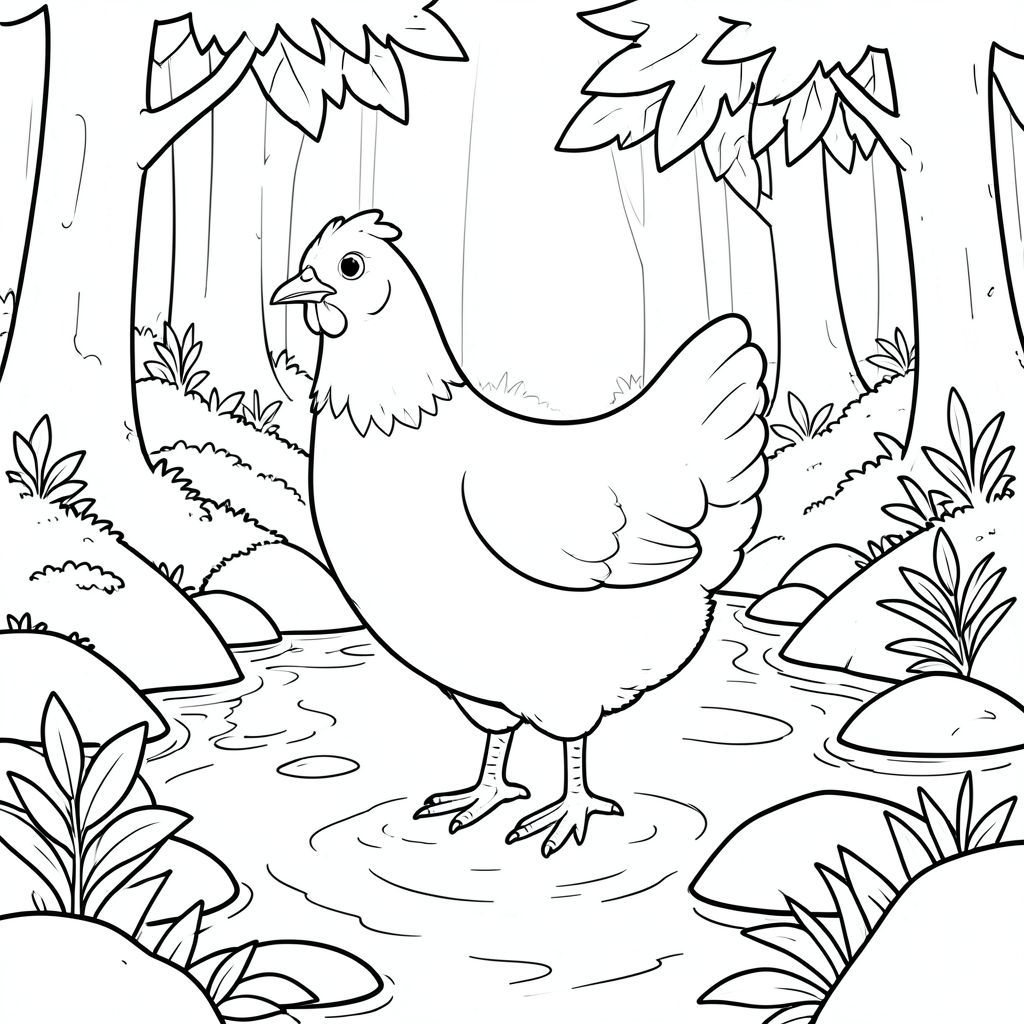 solo, single bird, one head, two eyes, one beak, two wings, two legs, one tail, natural proportions, proper scale in environment, anatomically correct, Chicken, Stream, water, rocks, forest, sunlight, leaves, moss, smooth stones, clear water, gentle flow, coloring page, line art, white background, solo, single subject, anatomically correct, perfect anatomy