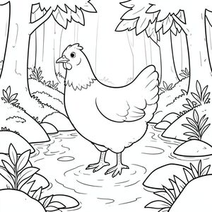 solo, single bird, one head, two eyes, one beak, two wings, two legs, one tail, natural proportions, proper scale in environment, anatomically correct, Chicken, Stream, water, rocks, forest, sunlight, leaves, moss, smooth stones, clear water, gentle flow, coloring page, line art, white background, solo, single subject, anatomically correct, perfect anatomy