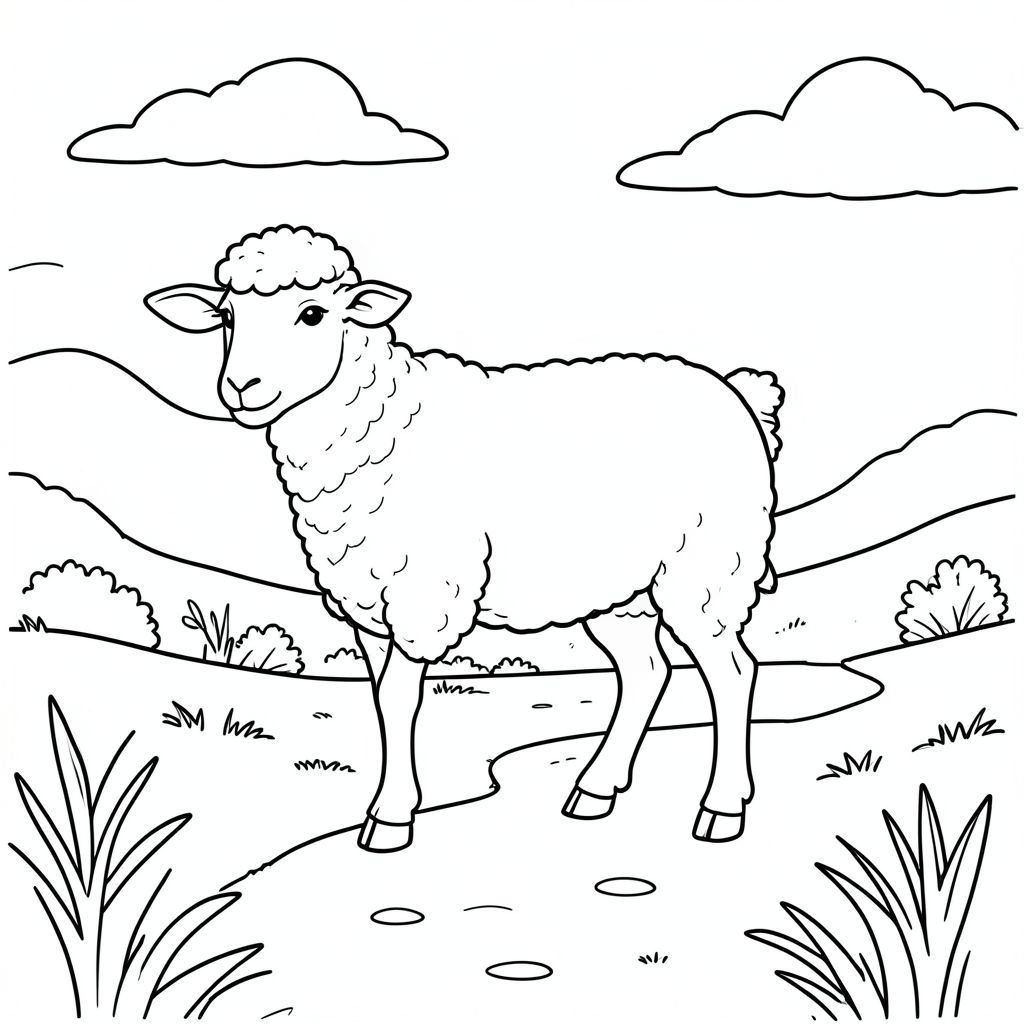 solo, single subject, one head, two eyes, two ears, four legs, one tail, natural proportions, proper scale in environment, anatomically correct, Sheep, canal, path, walking, trail, quiet, serene, peaceful, calm, overcast, sky, coloring page, line art, white background, solo, single subject, anatomically correct, perfect anatomy