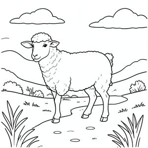 solo, single subject, one head, two eyes, two ears, four legs, one tail, natural proportions, proper scale in environment, anatomically correct, Sheep, canal, path, walking, trail, quiet, serene, peaceful, calm, overcast, sky, coloring page, line art, white background, solo, single subject, anatomically correct, perfect anatomy