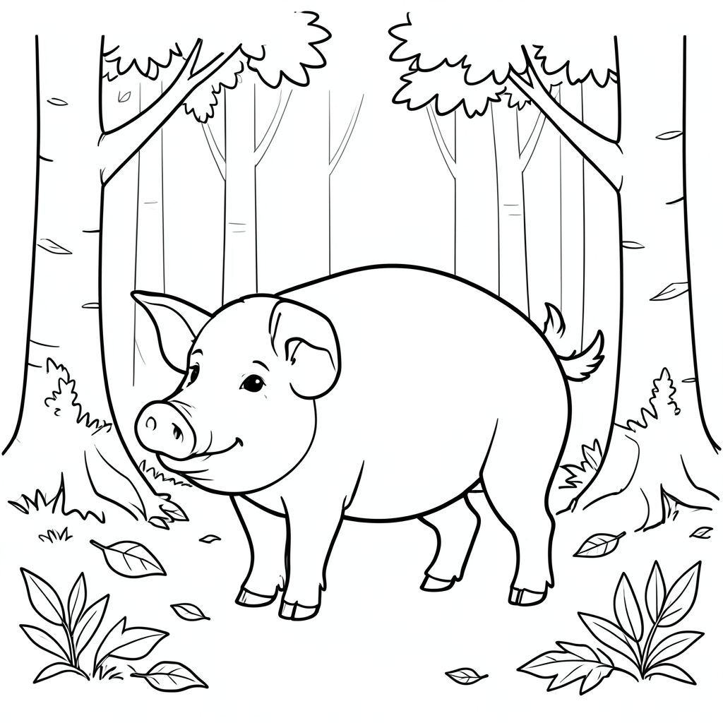 solo, single subject, one head, two eyes, two ears, four legs, one tail, natural proportions, proper scale in environment, anatomically correct, Pig, birch grove, white trees, fallen leaves, simple background, clean environment, small, single, storybook, pure, one, coloring page, line art, white background, solo, single subject, anatomically correct, perfect anatomy