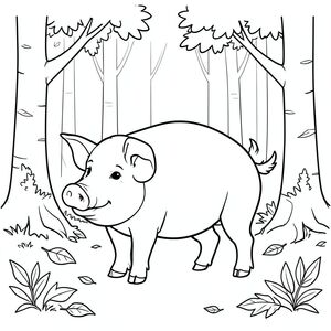 solo, single subject, one head, two eyes, two ears, four legs, one tail, natural proportions, proper scale in environment, anatomically correct, Pig, birch grove, white trees, fallen leaves, simple background, clean environment, small, single, storybook, pure, one, coloring page, line art, white background, solo, single subject, anatomically correct, perfect anatomy