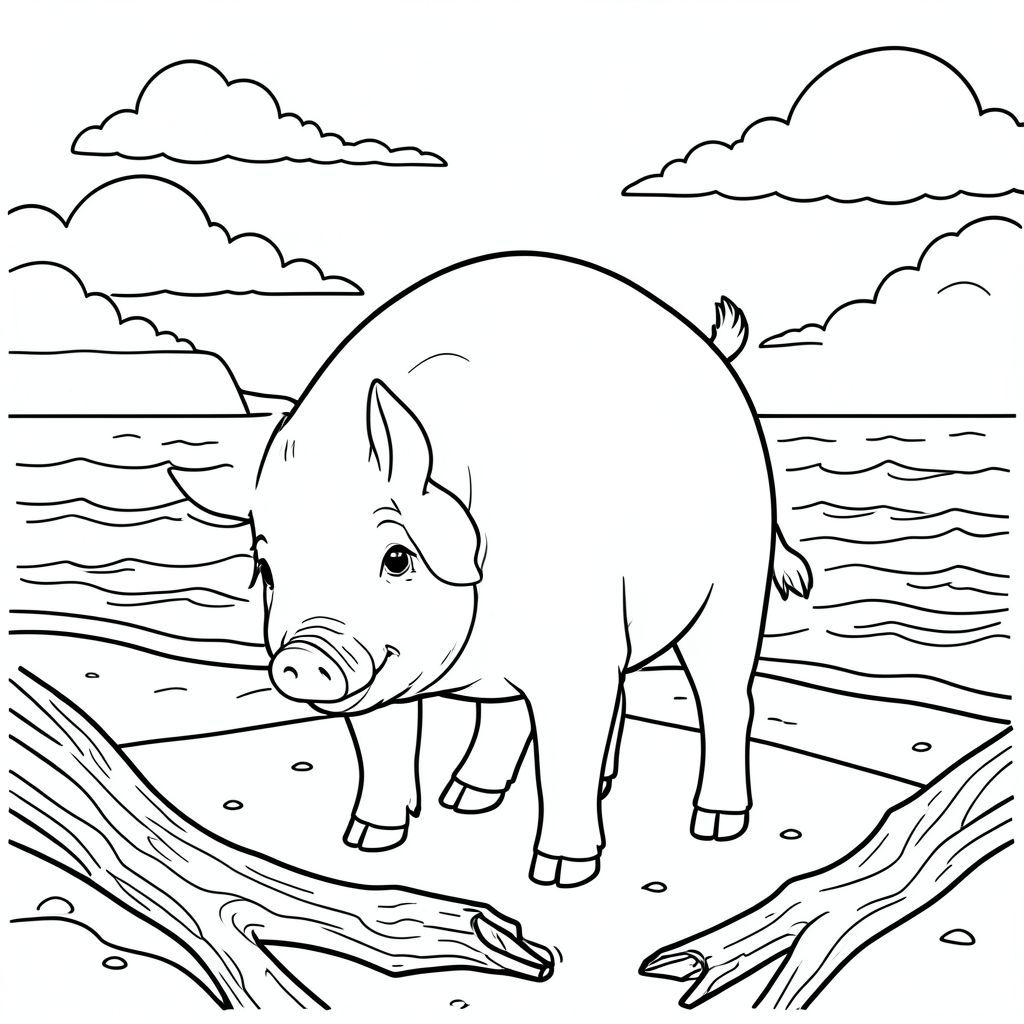 solo, single subject, one head, two eyes, two ears, four legs, one tail, natural proportions, proper scale in environment, anatomically correct, Pig, Beach, sand, driftwood, shoreline, sunset, sky, clouds, ocean, waves, warm, coloring page, line art, white background, solo, single subject, anatomically correct, perfect anatomy