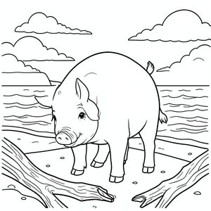 solo, single subject, one head, two eyes, two ears, four legs, one tail, natural proportions, proper scale in environment, anatomically correct, Pig, Beach, sand, driftwood, shoreline, sunset, sky, clouds, ocean, waves, warm, coloring page, line art, white background, solo, single subject, anatomically correct, perfect anatomy