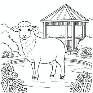 solo, single subject, one head, two eyes, two ears, four legs, one tail, natural proportions, proper scale in environment, anatomically correct, Sheep, Gazebo, pond, flowers, bushes, water, calm, serene, simple, clean, background, coloring page, line art, white background, solo, single subject, anatomically correct, perfect anatomy