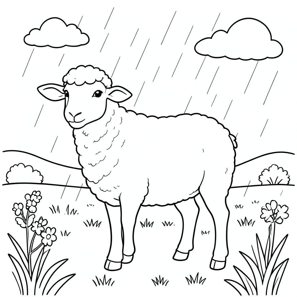solo, single subject, one head, two eyes, two ears, four legs, one tail, natural proportions, proper scale in environment, anatomically correct, Sheep, field, spring rain, sunlight, clear sky, simple background, clean, small, pure, line drawing, white interior, coloring page, line art, white background, solo, single subject, anatomically correct, perfect anatomy