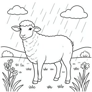 solo, single subject, one head, two eyes, two ears, four legs, one tail, natural proportions, proper scale in environment, anatomically correct, Sheep, field, spring rain, sunlight, clear sky, simple background, clean, small, pure, line drawing, white interior, coloring page, line art, white background, solo, single subject, anatomically correct, perfect anatomy