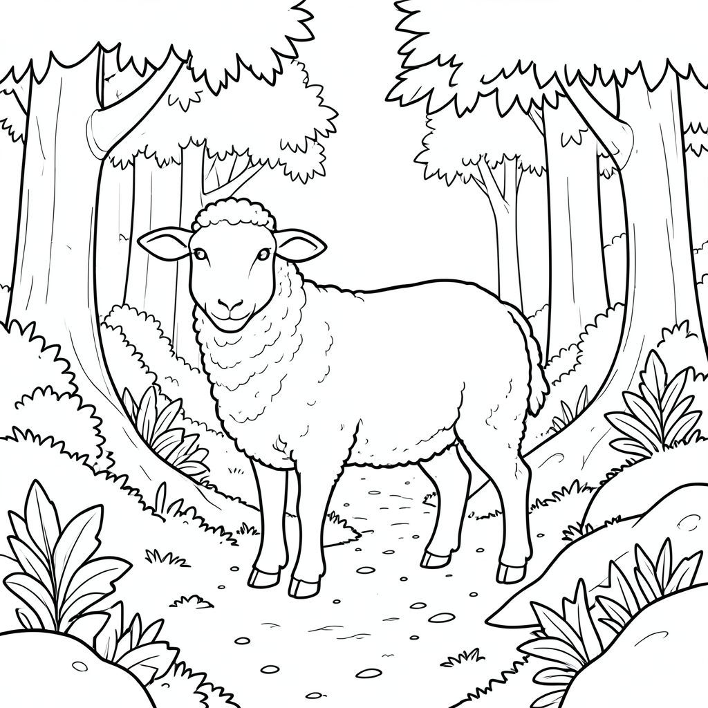 solo, single subject, one head, two eyes, two ears, four legs, one tail, natural proportions, proper scale in environment, anatomically correct, Sheep, forest, dappled, sunlight, clear sky, trees, foliage, path, dirt, moss, rocks, coloring page, line art, white background, solo, single subject, anatomically correct, perfect anatomy