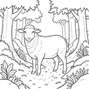 solo, single subject, one head, two eyes, two ears, four legs, one tail, natural proportions, proper scale in environment, anatomically correct, Sheep, forest, dappled, sunlight, clear sky, trees, foliage, path, dirt, moss, rocks, coloring page, line art, white background, solo, single subject, anatomically correct, perfect anatomy