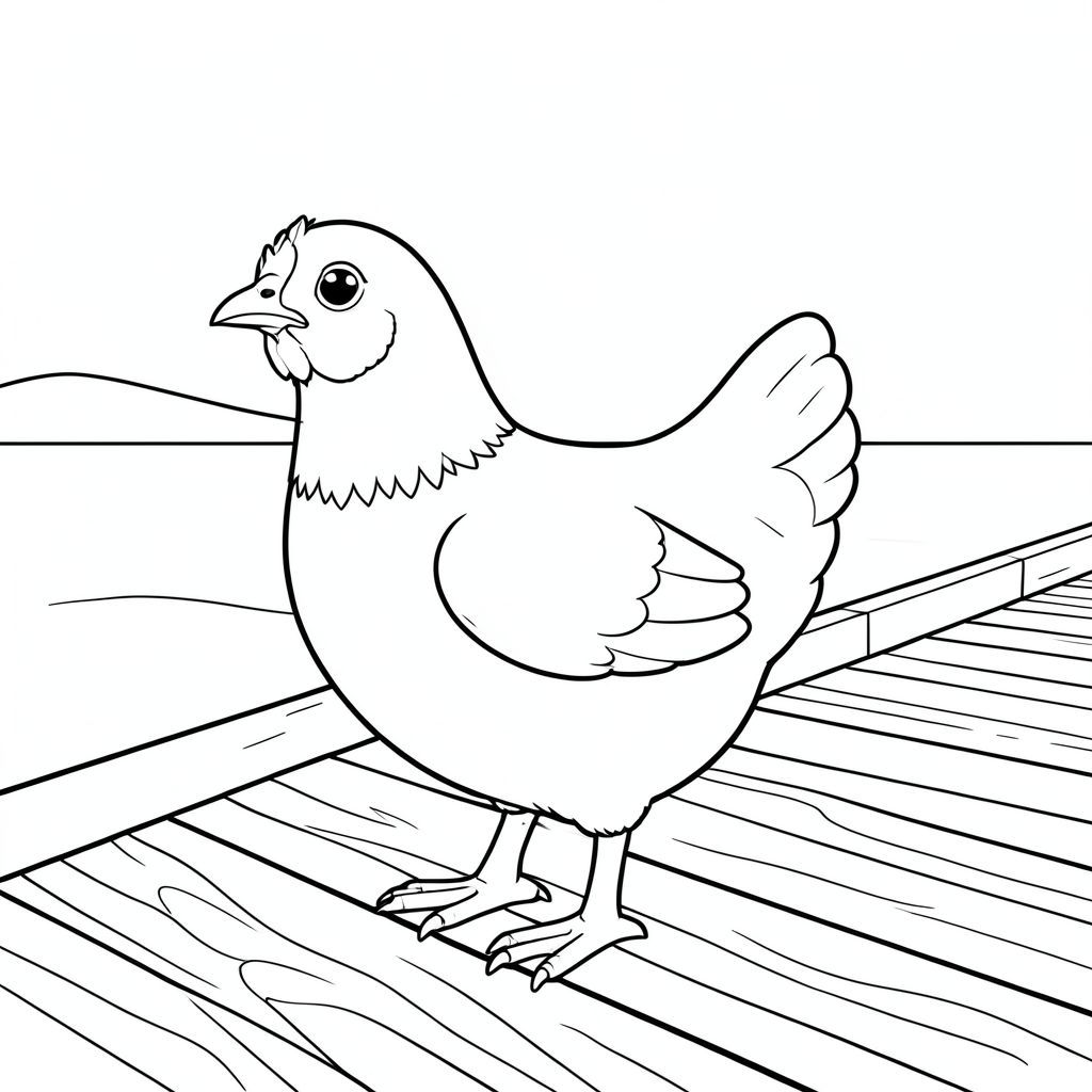 solo, single bird, one head, two eyes, one beak, two wings, two legs, one tail, natural proportions, proper scale in environment, anatomically correct, Chicken, Sand dunes, beach, boardwalk, wooden planks, smooth surface, clear sky, distant horizon, simple background, clean, small size, coloring page, line art, white background, solo, single subject, anatomically correct, perfect anatomy