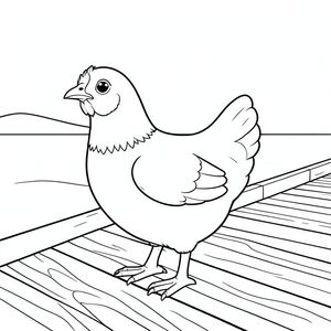 solo, single bird, one head, two eyes, one beak, two wings, two legs, one tail, natural proportions, proper scale in environment, anatomically correct, Chicken, Sand dunes, beach, boardwalk, wooden planks, smooth surface, clear sky, distant horizon, simple background, clean, small size, coloring page, line art, white background, solo, single subject, anatomically correct, perfect anatomy