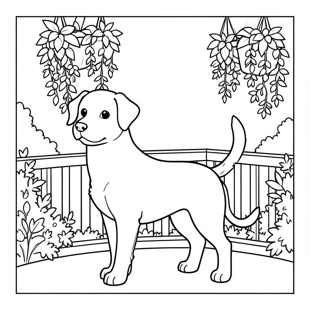 solo, single subject, one head, two eyes, two ears, four legs, one tail, natural proportions, proper scale in environment, anatomically correct, dog, Balcony, greenery, hanging plants, garden, small, simple, clean, background, view, peaceful, coloring page, line art, white background, solo, single subject, anatomically correct, perfect anatomy